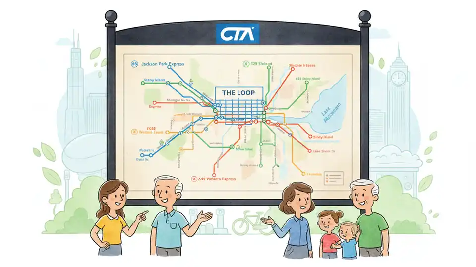 CTA bus route map display showing South Side express routes and downtown connections