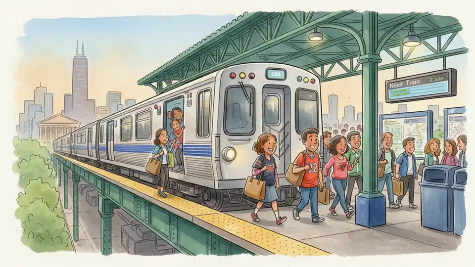 Chicago 'L' train at station platform near Soldier Field with passengers boarding