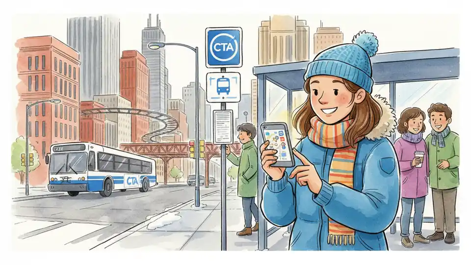 Chicago commuter checking smartphone for bus information at CTA bus stop, person holding mobile device, urban transit setting