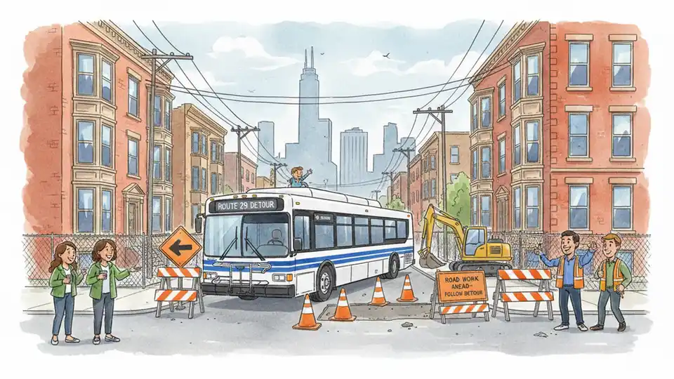 CTA bus navigating a detour route on a Chicago South Side street with construction equipment visible