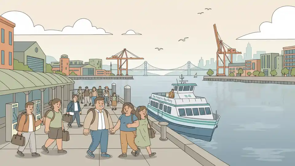 Oakland-Alameda Water Shuttle ferry boat docked at terminal with passengers boarding, Oakland estuary visible in background