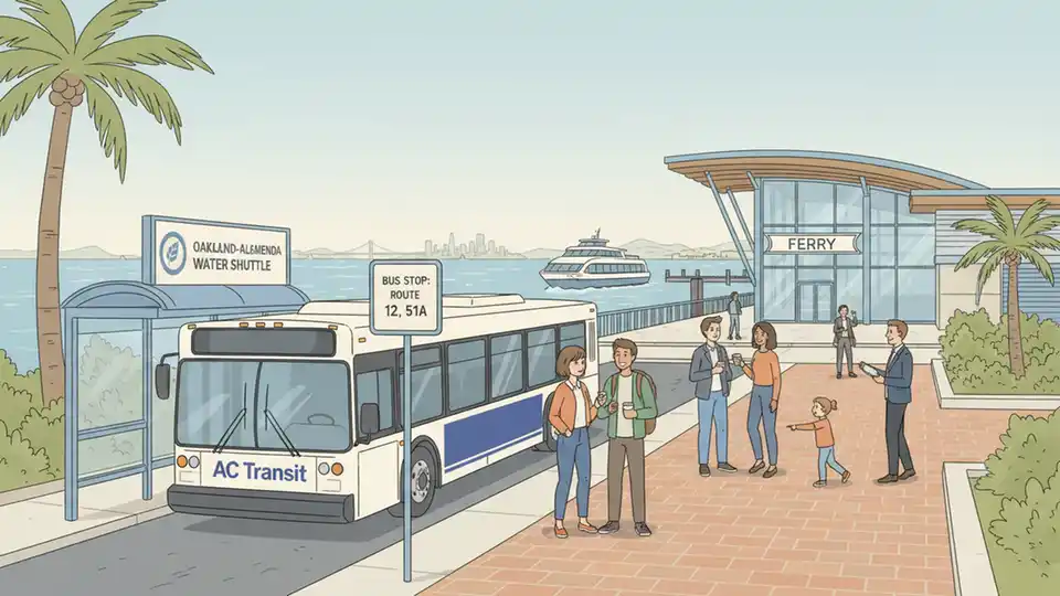 AC Transit bus at waterfront stop with Oakland-Alameda Water Shuttle terminal visible nearby, showing multimodal transit connection