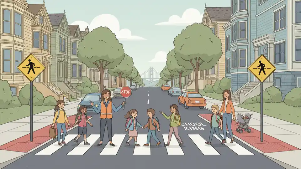 San Francisco school crossing with students walking to campus, showing crosswalk and traffic calming infrastructure