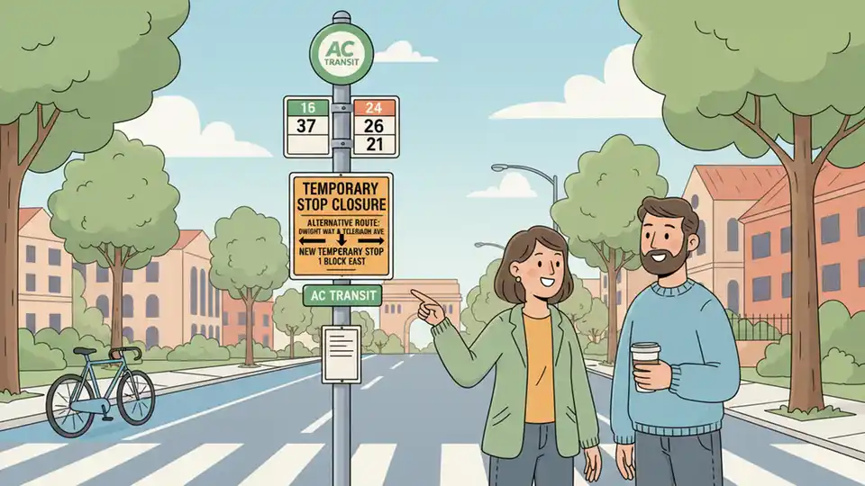 Berkeley bus stop with closed sign and detour information posted