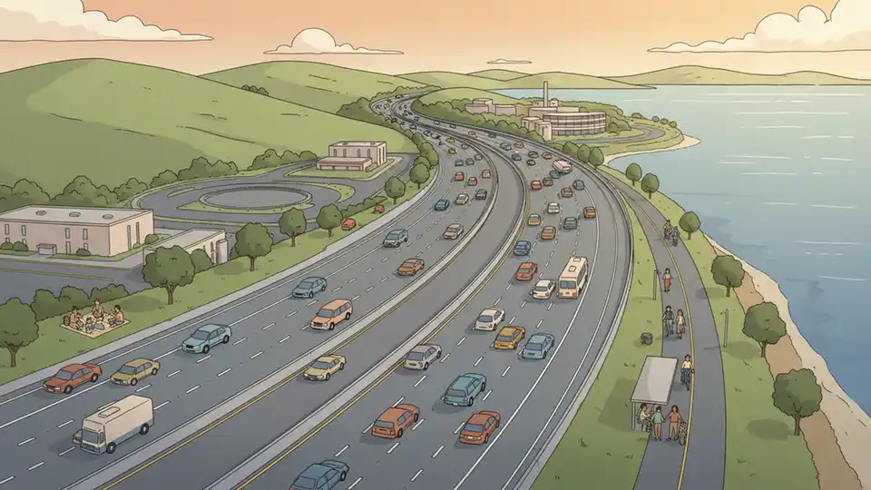 US-101 freeway traffic flowing through Hospital Curve area near Candlestick Point, aerial view showing multiple lanes and surrounding San Francisco landscape