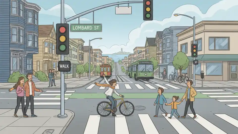 San Francisco street intersection with SFMTA traffic signals and pedestrian crosswalk