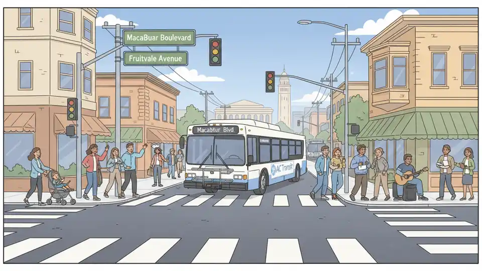 City bus passing intersection with street signs for MacArthur Boulevard and Fruitvale Avenue