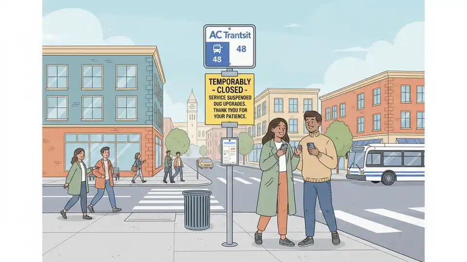 Bus stop sign with closed notice on urban street corner, San Pablo Avenue