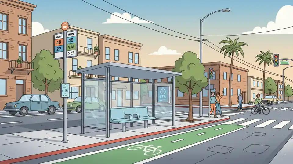 Empty bus stop shelter on city street with transit infrastructure visible