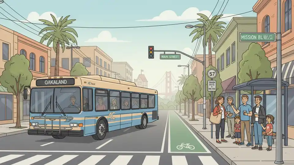 City transit bus approaching stop on Mission Boulevard with street intersection visible