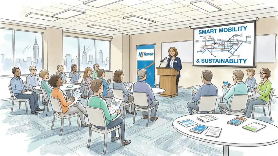 NJ Transit Customer Advocate speaking at public meeting with transit riders in attendance