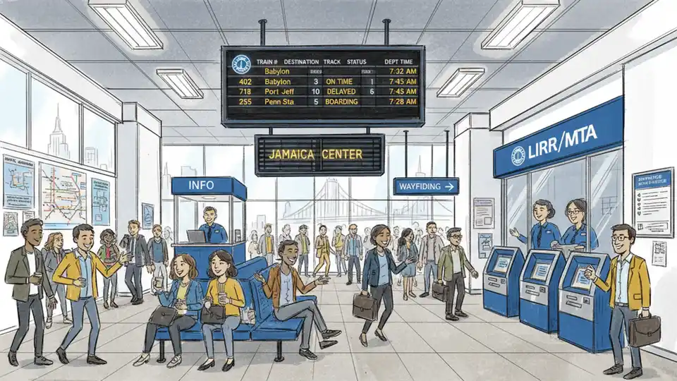 LIRR station information board and customer service area at commuter rail station