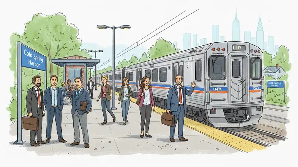 LIRR train at Cold Spring Harbor station platform with commuters waiting