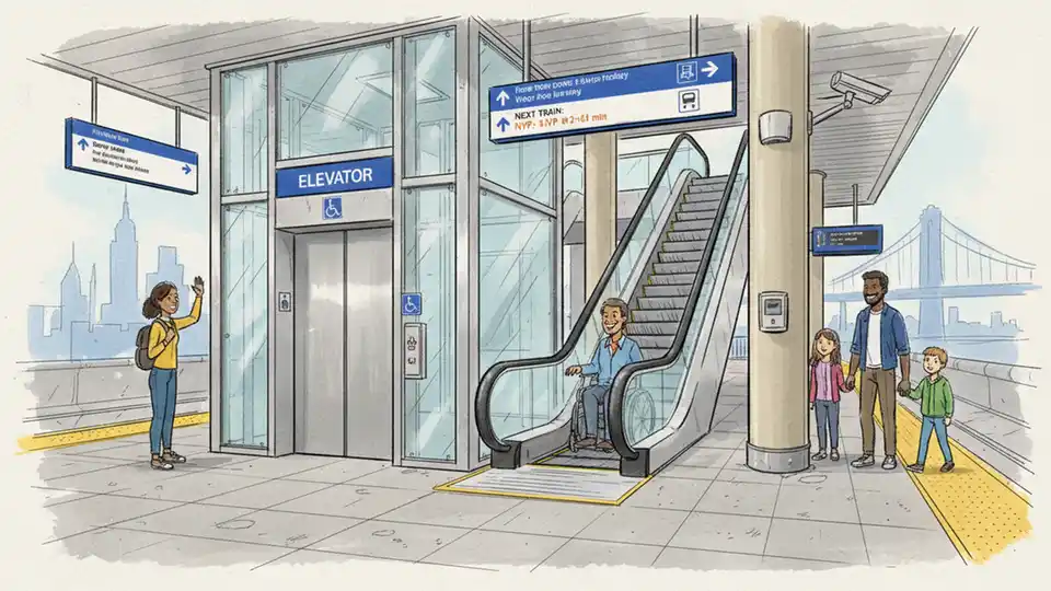 Elevator and escalator at commuter rail station with accessibility signage