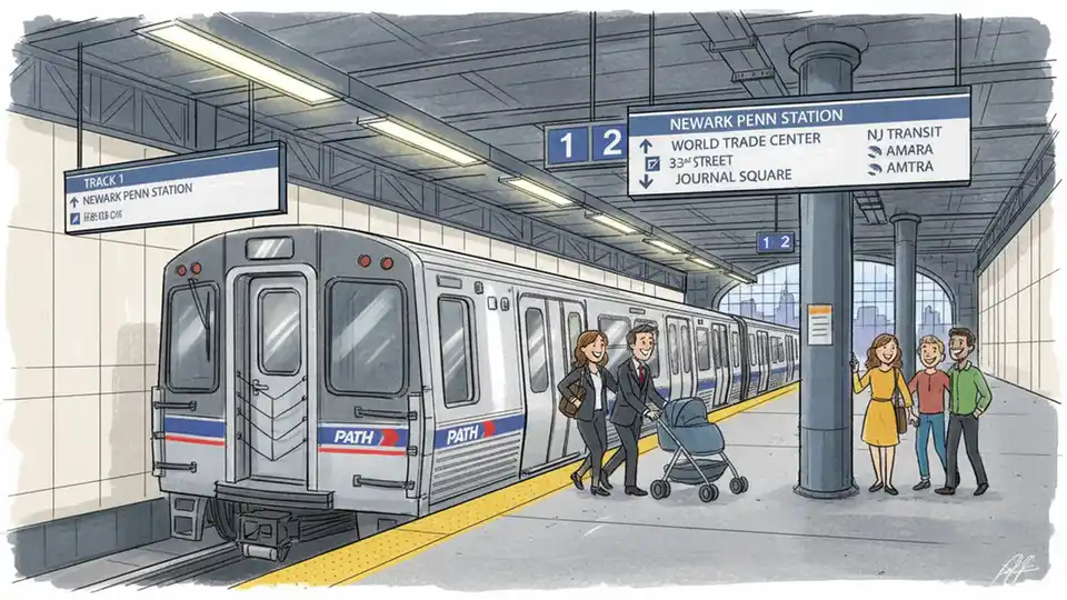 Interior view of Newark Penn Station platform showing PATH train at platform with track numbers and directional signage visible