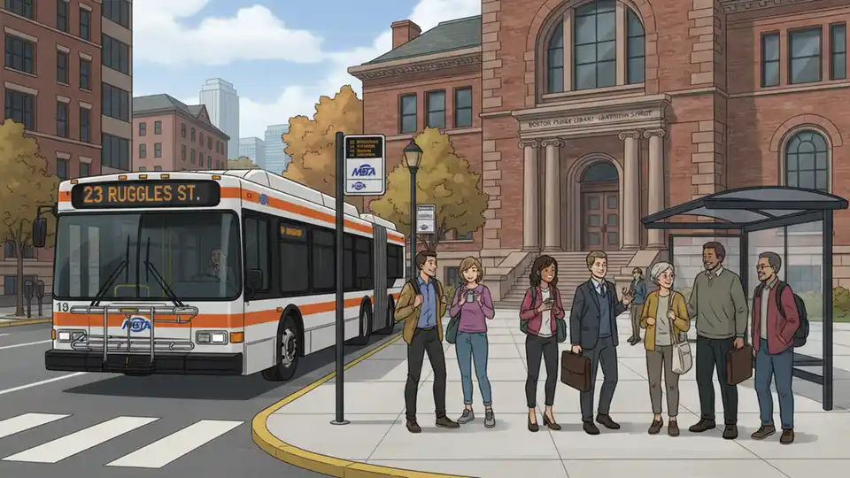 MBTA bus at stop with digital arrival time display visible, passengers waiting on sidewalk near Boston-area library building