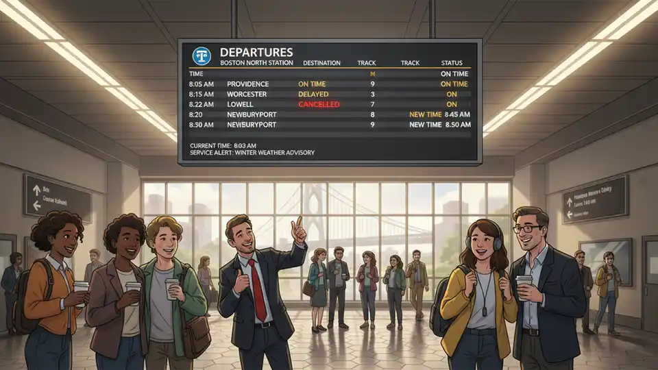 Digital departure board at train station showing cancelled train status and alternative departure times