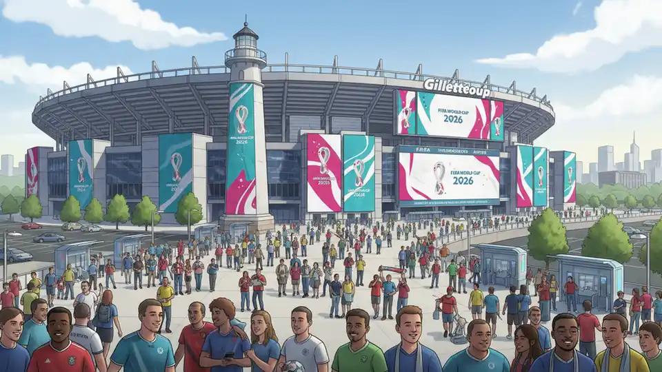 Gillette Stadium exterior with FIFA World Cup 2026 branding, crowds of soccer fans approaching entrance gates