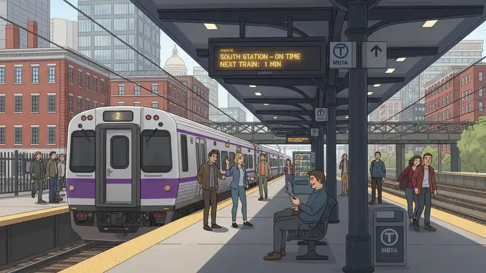 Train departing station platform during midday service hours with passengers waiting