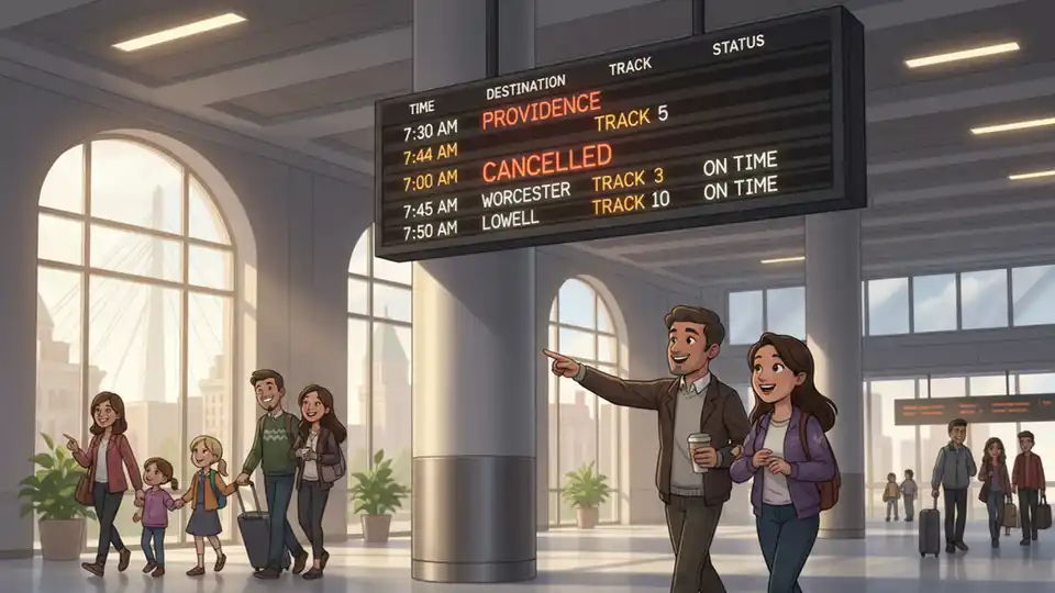 Digital departure board at train station showing cancelled train status and next available service