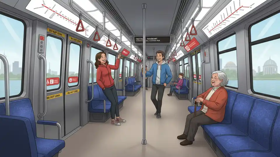 MBTA Red Line train interior showing passenger seating and standing areas