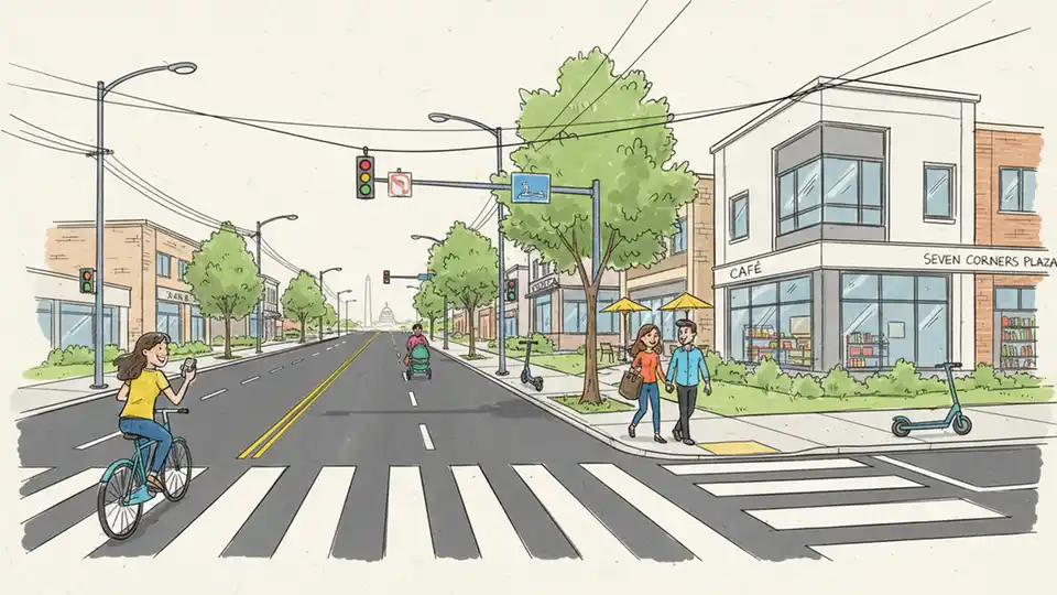 Multi-lane suburban arterial road with pedestrian crosswalk and commercial buildings in Northern Virginia. Alt text: Wilson Boulevard traffic lanes near Seven Corners intersection Fairfax County. Composition: Wide angle showing current two-lane configuration with crosswalk, sidewalk, and mixed-use development in background.