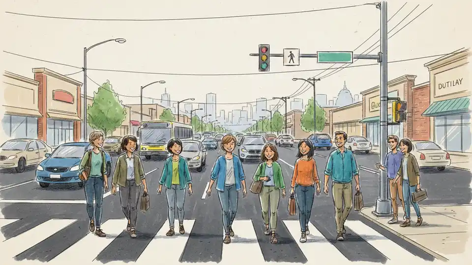 Pedestrians waiting to cross busy suburban arterial road at marked crosswalk. Alt text: Pedestrians crossing Wilson Boulevard Seven Corners Fairfax County Virginia. Composition: Street-level view emphasizing pedestrian perspective with traffic in background, showing current crossing conditions.