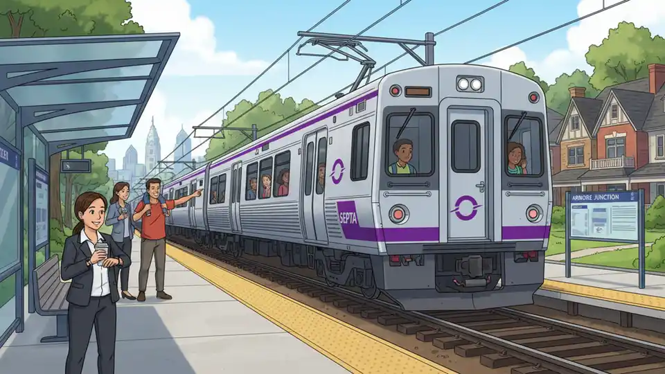 Regional rail train traveling through suburban area with station signs visible