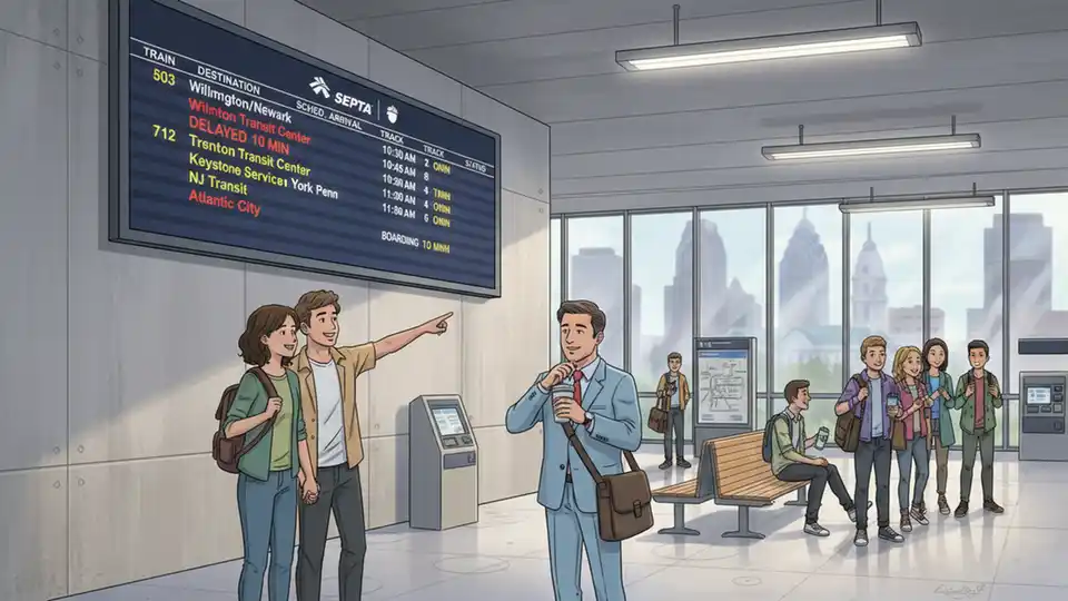 Digital train arrival board showing schedule and delay information at station
