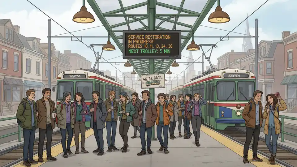 Trolley passengers waiting at station during service restoration