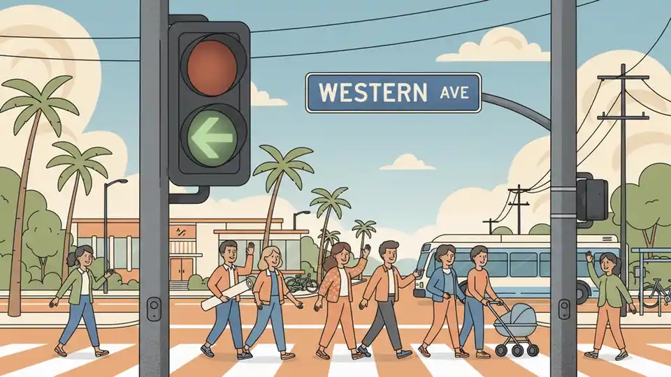 Close-up view of dedicated green arrow traffic signal at South Los Angeles intersection, with Western Avenue street sign visible and pedestrian crossing in background