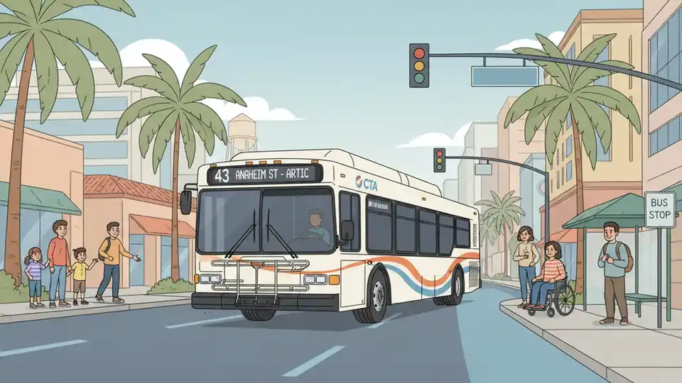 OCTA Route 43 bus traveling through Anaheim street with route number clearly visible on front display