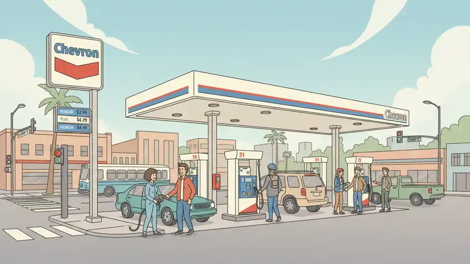 Downtown Los Angeles Chevron gas station with customers fueling vehicles at pumps near Alameda Street intersection during daytime