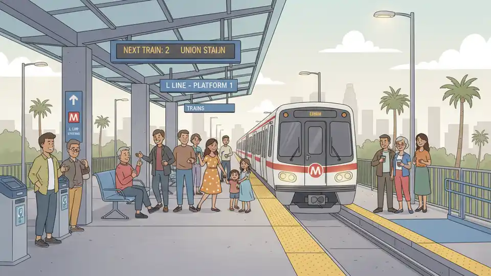 Metro rail station platform with train arriving, showing station signage and passenger waiting area