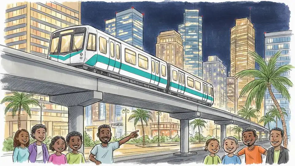 Miami Metromover elevated train traveling through downtown Miami at night with city lights visible