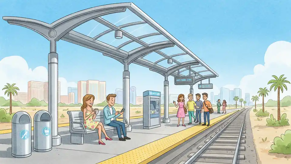 Nevada light rail station platform with clear skies, showing transit riders in spring clothing waiting for train