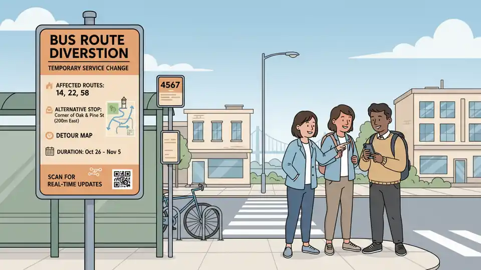 Bus route diversion sign at transit stop showing temporary service changes and passenger information