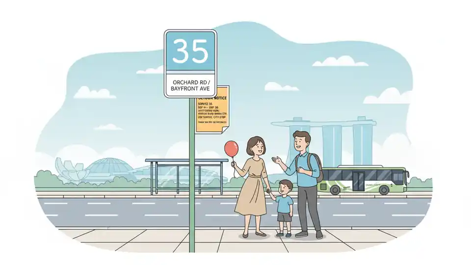 Bus stop sign showing Service 35 route information with detour notice posted