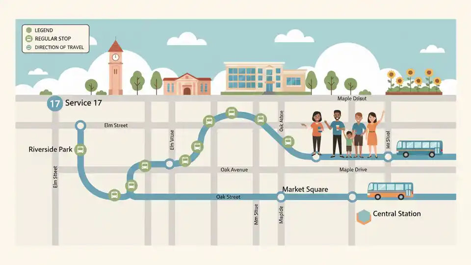 Transit bus route map showing Service 17 standard route with all regular stops marked