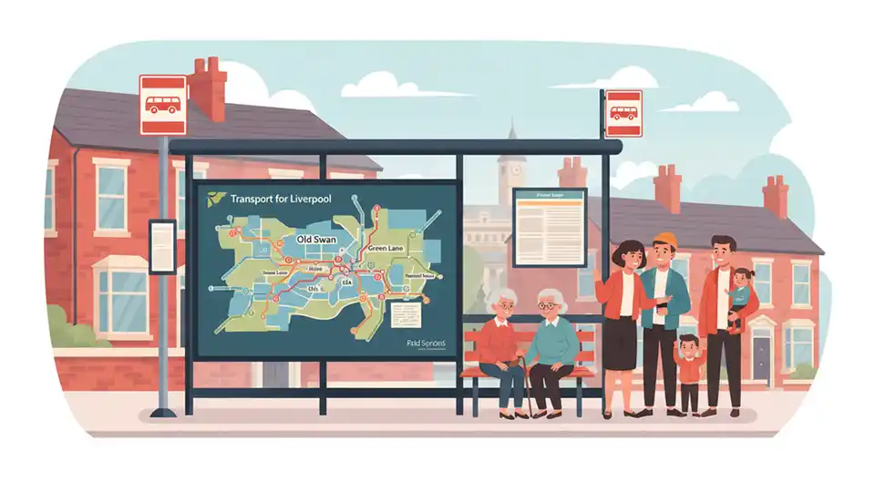 Liverpool bus route map showing Old Swan, Green Lane, and Muirhead Avenue corridor with bus stop signs visible