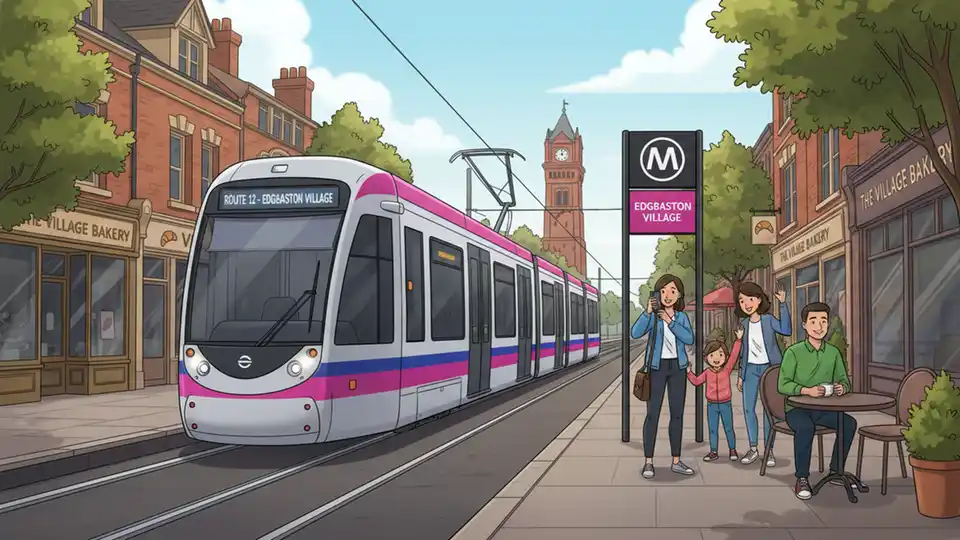 Tram traveling through Edgbaston Village with clear route signage visible