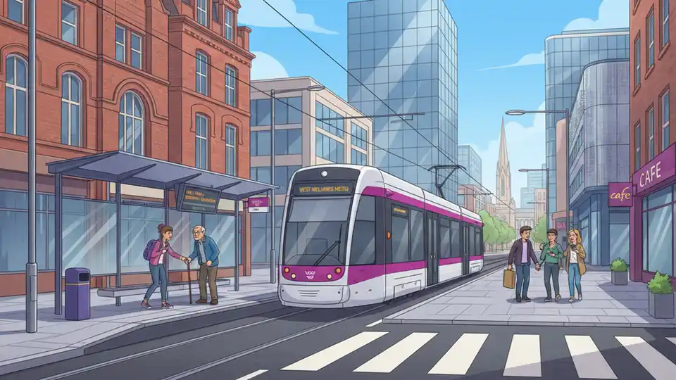 West Midlands Metro tram at Bull Street stop in Birmingham city center with urban buildings in background