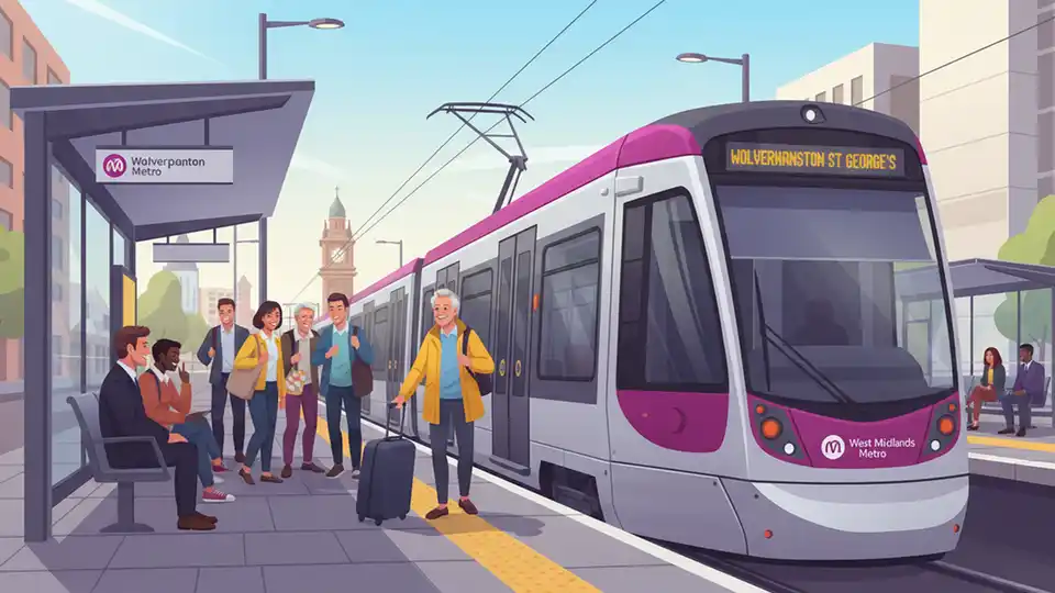 West Midlands Metro tram at Wolverhampton St George's station platform with passengers waiting to board