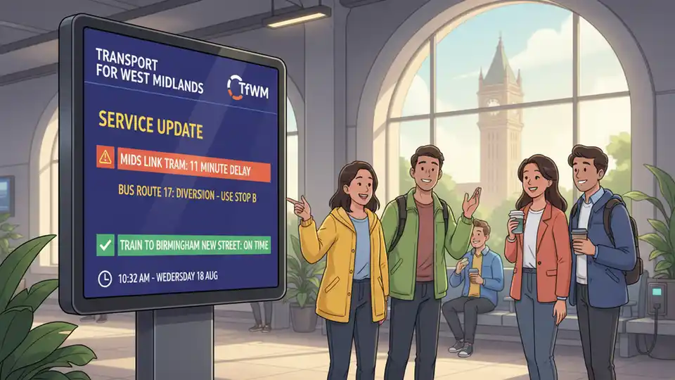 Digital transit alert notification display showing service update schedule information