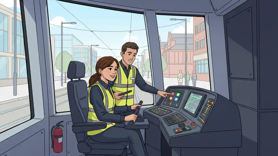 West Midlands Metro tram operator in cab during training session on metro tracks