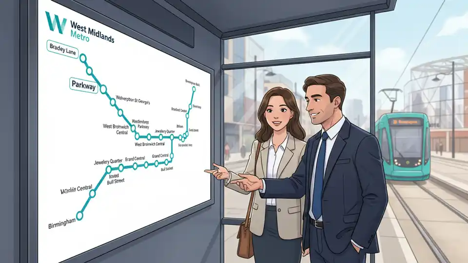 Tram system route map display showing station names including Parkway and Bradley stops