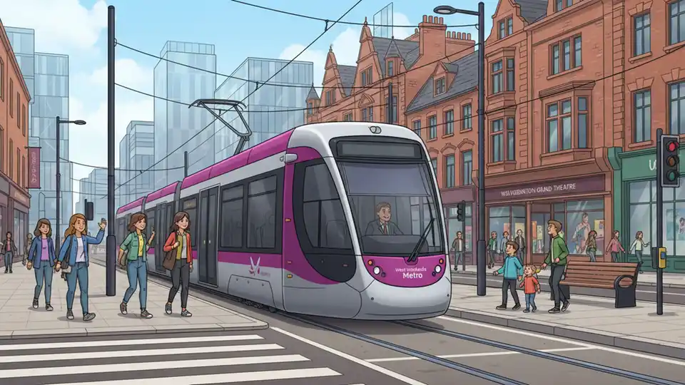 West Midlands Metro tram traveling through Wolverhampton city center with urban backdrop