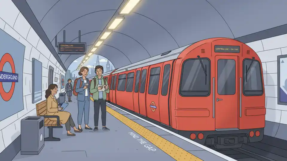 Central line train at platform with passengers waiting, showing typical service conditions on the route