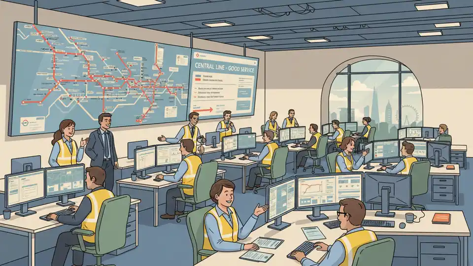 Transit authority operations center with staff monitoring Central line service displays and control systems
