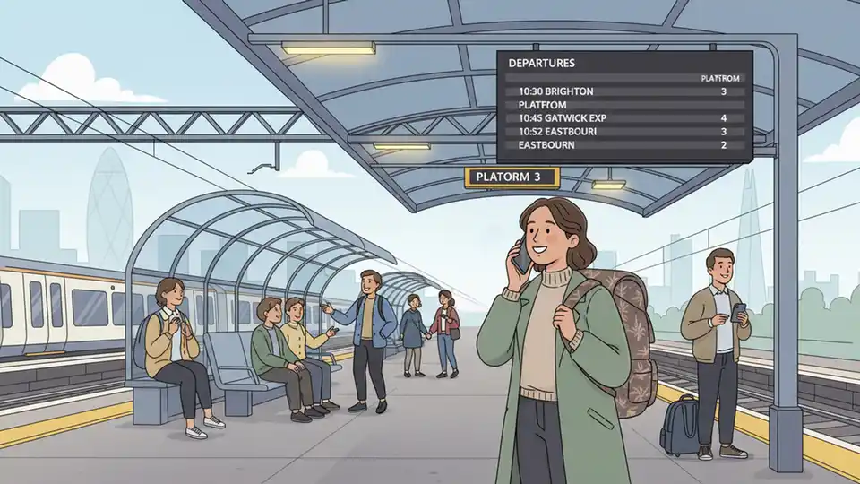 Transit rider using mobile phone to contact customer service while standing at train station platform with departure board visible in background